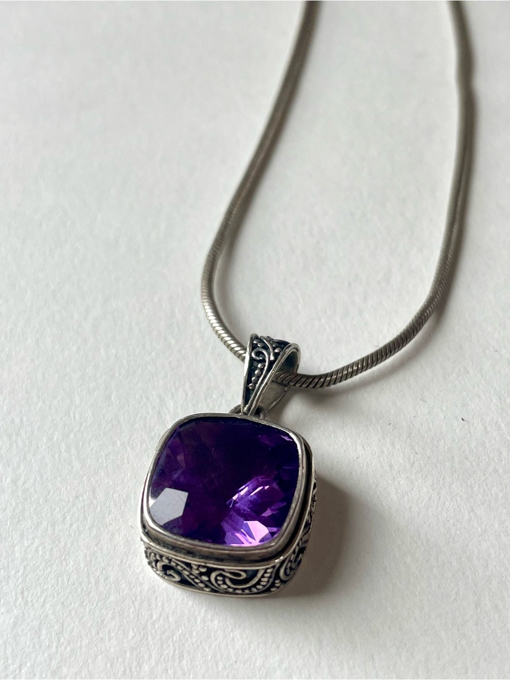 Sterling Silver Amethyst Square Pendant Necklace - Purple